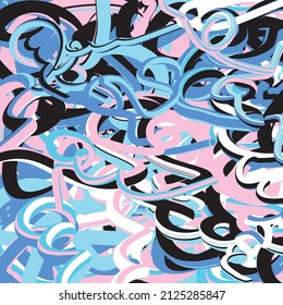 Simple Geometric Vector Background with Hand Drawn Blue, Pink, White and Black Brush Wavy Lines and Swirls. Messy Abstract Irregular Grafitti Style Print ideal for Cover, Layout, Wall Art.