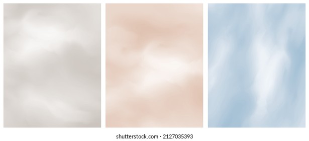 Simple Geometric Vector Blanks. Light Blue, Coral and Beige Free Hand Textured Background. Abstract Vector Prints Ideal for Layout, Cover, Card. Creative Painted Layouts. Abstract Sky.