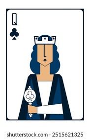 Simple geometric vector image of the queen of clubs holding a mirror in her hand in dark blue and white colours 