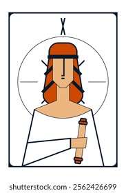 Simple geometric vector image of a wheel of fortune tarot card in the form of a woman in white outfit with a scroll in her hand and a circle behind her