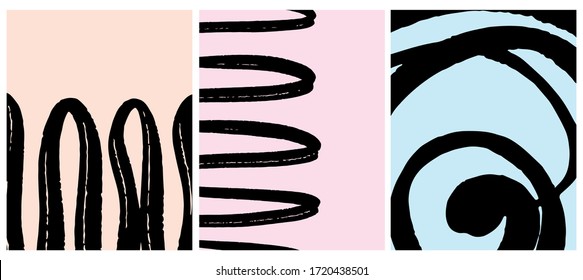 Simple Geometric Vector Layouts. Black Hand Drawn Lines Isolated on a Light Cream, Pastel Pink and Light Blue Background. Simple Abstract Vector Prints with Zig Zags and Waves Ideal for Layout, Cover.