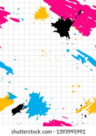 Simple Geometric Vector Pattern with Light Gray Grid and Pink,Blue,Black and Yellow Ink Splash.Abstract Design with Irregular Hand Drawn Gray Blank on a White Background.Funny Vivid Color Graph Paper
