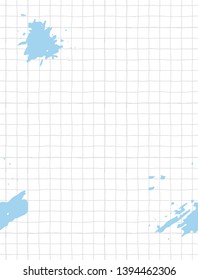 Simple Geometric Vector Pattern with Light Gray Grid and Blue Ink Splash. Abstract Notepad Paper with Irregular Hand Drawn Light Gray Blank on a White Background. Funny Pastel Color Graph Paper.