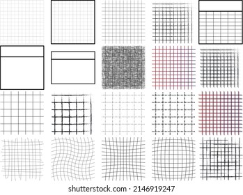 Simple geometric vector pattern with light gray grid on white background and white grid on blue outline. Abstract notepad paper with irregular hand drawn blank. Funny pastel colored graph paper.