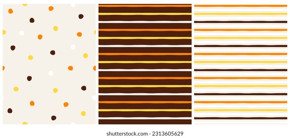 Simple Geometric Vector Pattern with Orange and Yellow Polka Dots and Stripes on a Beige and Brown Background. Abstract Irregular Hand Drawn RGB Colours Endless Print. Gender Neutral Colors.