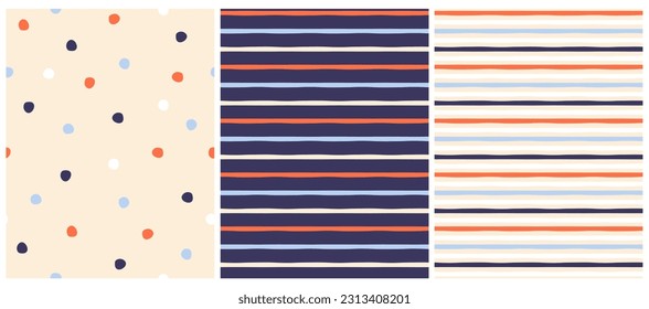 Simple Geometric Vector Pattern with Pale Red and Light Blue Polka Dots and Stripes on a Beige and Navy Blue Background. Abstract Irregular Hand Drawn RGB Colours Endless Print. Gender Neutral Colors.