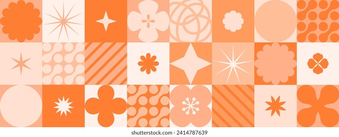 Simple geometric vector pattern with star shapes, flower shapes and abstract bauhaus forms in peach fuzz color of the year 2024. Abstract orange background