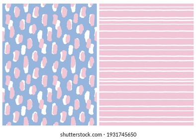 Simple Geometric Vector Pattern with White Stripes on a Pink Background and White and Pink Spots on a Blue Layout.Abstract Irregular Hand Drawn Pastel Color Design for Fabric,Printing, Wrapping Paper.