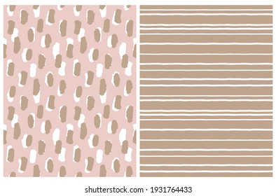 Simple Geometric Vector Pattern With White Stripes On A Brown Background And White And Brown Spots On A Light Dusty Pink Layout. Abstract Irregular Hand Drawn Pastel Color Design For Fabric, Printing.