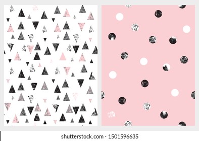 Simple Geometric Vector Patterns with Black and White Dots Isolated on a Pink Background. Black and Pink Triangles on a White Layout. Abstract Grunge Print Ideal for Fabric, Wrappig Paper, Textile.