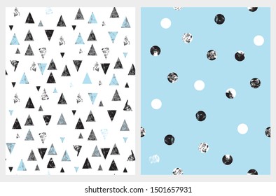 Simple Geometric Vector Patterns with Black and White Dots Isolated on a Blue Background. Black and Blue Triangles on a White Layout. Abstract Grunge Print Ideal for Fabric, Wrappig Paper, Textile.