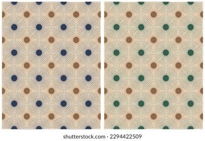 Simple Geometric Vector Patterns with Blue, Gold and Green Circles and Rays isolated on a Light Beige Background. Modern Symmetrical Ornament made of Circles and Lines. Abstract Repeatable Print.