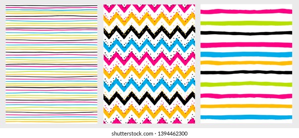 Simple Geometric Vector Patterns with Colorful Stripes and Chervron on a White Background. Green, Orange, Violet and Black Zig Zags and Lines on a White Layout. Irregular Hand Drawn Vector Design.