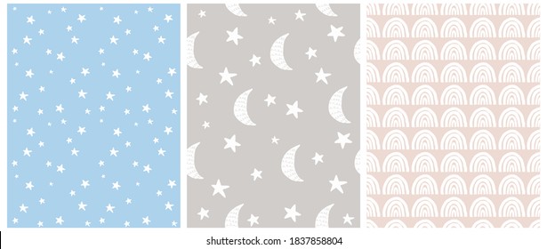 Simple Geometric Vector Patterns Set. Hand Drawn Irregular Stars, Moons and Rainbows Isolated on a Gray, Blue and Beige Background. Funny Scandinavian Style Doodle Print. Night Starry Sky Backdrop.