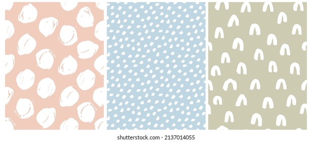 Simple Geometric Vector Patterns with White Elements on a Blue, Green and Pink Background. Abstract Irregular Hand Drawn Pastel Color Design ideal for Fabric, Textile, Wrapping Paper.Cool Patterns.