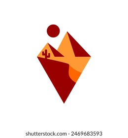 simple geometric vector pyramid in the middle of the desert and cactus plants in the sun.