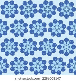 Simple geometric vector seamless pattern with blue flowers pattern white polka dot cyan background design.different flower with textiles,tiles,mosaic,creative multi colour Textile style geometrical.
