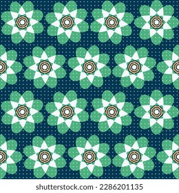 Simple geometric vector seamless pattern with green flowers pattern white polka dot dark background design.different flower with textiles,tiles,mosaic,creative multi colour Textile style geometrical.