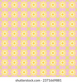 Simple geometric vector seamless pattern with yellow flowers,on pink background. Light abstract floral wallpaper, wrap paper and fabric