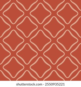 Padrão contínuo de vetor geométrico simples. Textura mínima com linhas curvas, formas arredondadas, blocos repetitivos. Elegante fundo vintage vermelho e bege. Projeto geográfico abstrato para decoração, têxtil, travesseiro