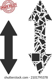 Simple geometric vertical exchange arrow mosaic and Update Policy scratched stamp print. Red stamp includes UPDATE POLICY title inside circle and lines shape.