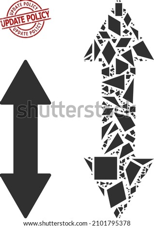 Simple geometric vertical exchange arrow mosaic and Update Policy scratched stamp print. Red stamp includes UPDATE POLICY title inside circle and lines shape.
