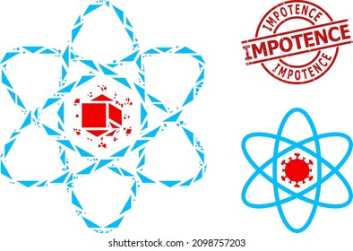 Simple geometric virus atom mosaic and Impotence unclean stamp. Red stamp seal includes IMPOTENCE tag inside round and lines template. Vector virus atom icon collage is filled of random triangles,