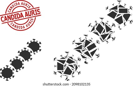 Simple geometric virus blockchain mosaic and Candida Auris corroded stamp seal. Red stamp seal contains Candida Auris text inside circle and lines shape.