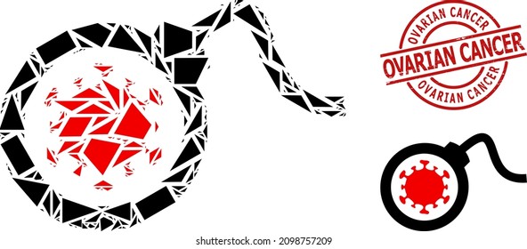 Simple geometric virus bomb mosaic and OVARIAN CANCER dirty stamp. Red stamp seal includes Ovarian Cancer title inside circle and lines template.