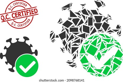 Simple geometric virus confirmed mosaic and Q.C. CERTIFIED textured stamp. Red stamp includes Q.C. Certified caption inside circle and lines template.