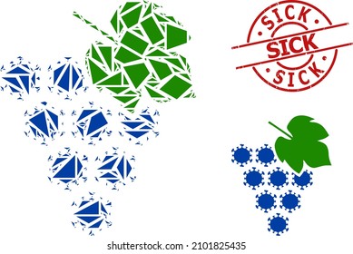 Mosaico de racimo de uva con virus geométricos simple y sello sucio de mal gusto. El sello rojo tiene la leyenda SICK dentro del círculo y forma de líneas.