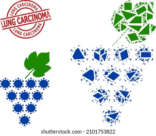 Einfache geometrische Virus Trauben-Mosaik und Lung Carcinoma schmutzigen Stempel. Rote Briefmarke hat LUNG CARCINOMA Titel in Runde und Linien Form.