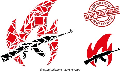 Simple geometric war fire mosaic and DO NOT BURN GARBAGE rubber stamp seal. Red stamp has Do Not Burn Garbage text inside round and lines template.