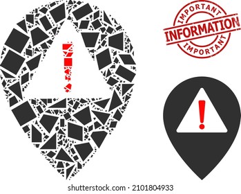 Simple geometric warning map pointer mosaic and IMPORTANT INFORMATION grunge stamp print. Red stamp contains Important Information tag inside round and lines shape.