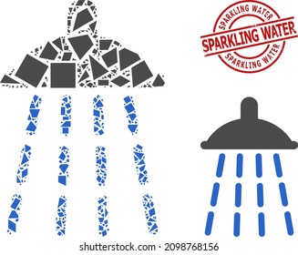 Simple geometric water shower mosaic and SPARKLING WATER grunge seal. Red stamp seal contains Sparkling Water tag inside circle and lines form.