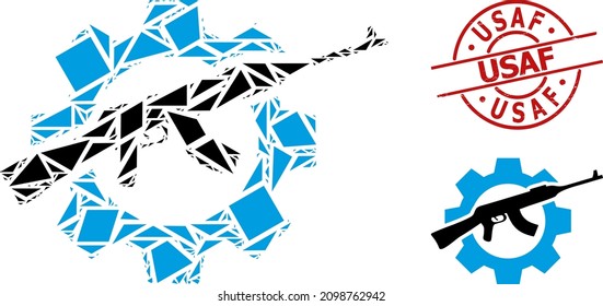 Mosaico simple de la industria de armas geométricas y sello impuro USAF. El sello rojo contiene el título de la USAF en forma de redondeo y líneas.
