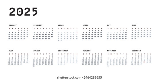 Simple Geometric White and Dark Blue 2025 Calendar Starting with Sundays