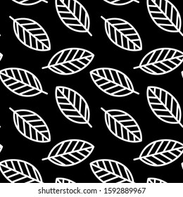 Simple geometric white outline leaf seamless pattern vector. Black background. Fabric design backgrounds.