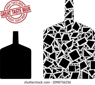 Simple geometric wide bottle mosaic and GREAT TASTE BEER corroded stamp seal. Red stamp seal contains Great Taste Beer caption inside round and lines shape.