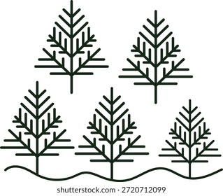 Simple geometric winter forest illustration. Minimal line art design of evergreen trees. Nature background elements.