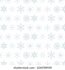Simple geometric winter pattern. Snowflakes and circles with different ornaments isolated on white background, useful for greeting cards, wallpaper, wrapping paper and backgrounds. Editable vector EPS