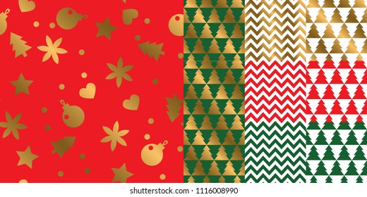 Simple geometric xmas repeatable pattern set. Classic red and green with gold seamless Christmas motif for background, wrapping paper, fabric, surface design
