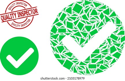 Simple geometric yes mark mosaic and Quality Inspector grunge stamp print. Red stamp has Quality Inspector caption inside circle and lines form.