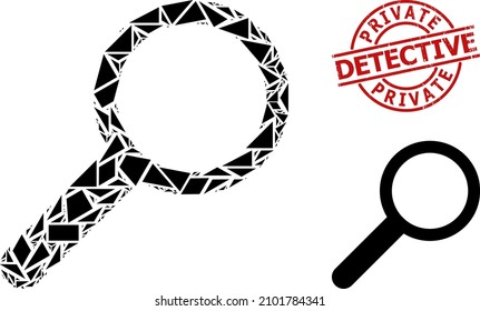 Mosaico de zoom geométrico simple y sello sucio DETECTIVE PRIVADO. El sello rojo contiene la etiqueta Detective Privado dentro del círculo y forma de las líneas.