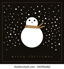 A simple geometrical christmas card with a round snowman, and lots of snow falling, in a black and gold night