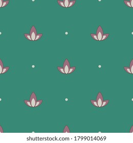
Simple geometrical floral pattern with stylized lotus flowers and polka dots.