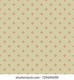 Simple geometrical seamless pattern with small red crosses or floral motifs on pale yellow background. Traditional polka dot folk modest style.