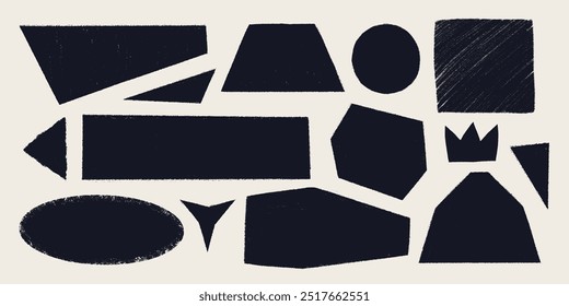 Simple geometrical shapes with rough torn edges. Grunge style black frames with ripped border. Black collage torn paper piece or vintage paint stain silhouettes on light background. Vector for sticker