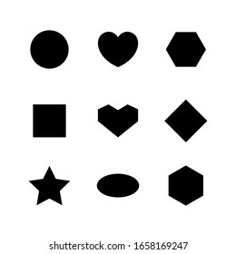 simple geometry shape with circle, heart, oval, ellipse, star, square and diamond trapezoid shape isolated on white, simple bullet sign, black simple flat shape for decoration, icon 2d black geometry