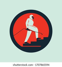 Simple Germ Virus Spraying Man Person Wearing Protective Uniform Logo Icon Illustration Inside Circle;Corona Covid-19 Pandemic Cleaning Spaces Concept